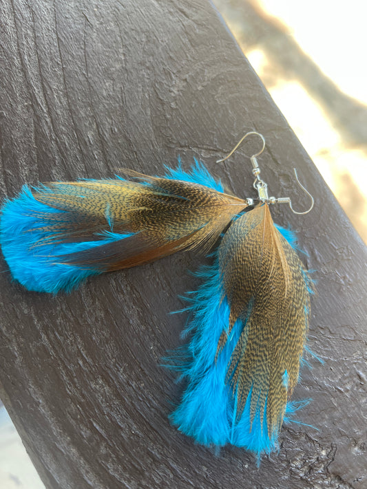 Earrings, blue turquoise feathers