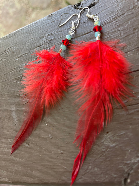 Earrings, feathers and beads